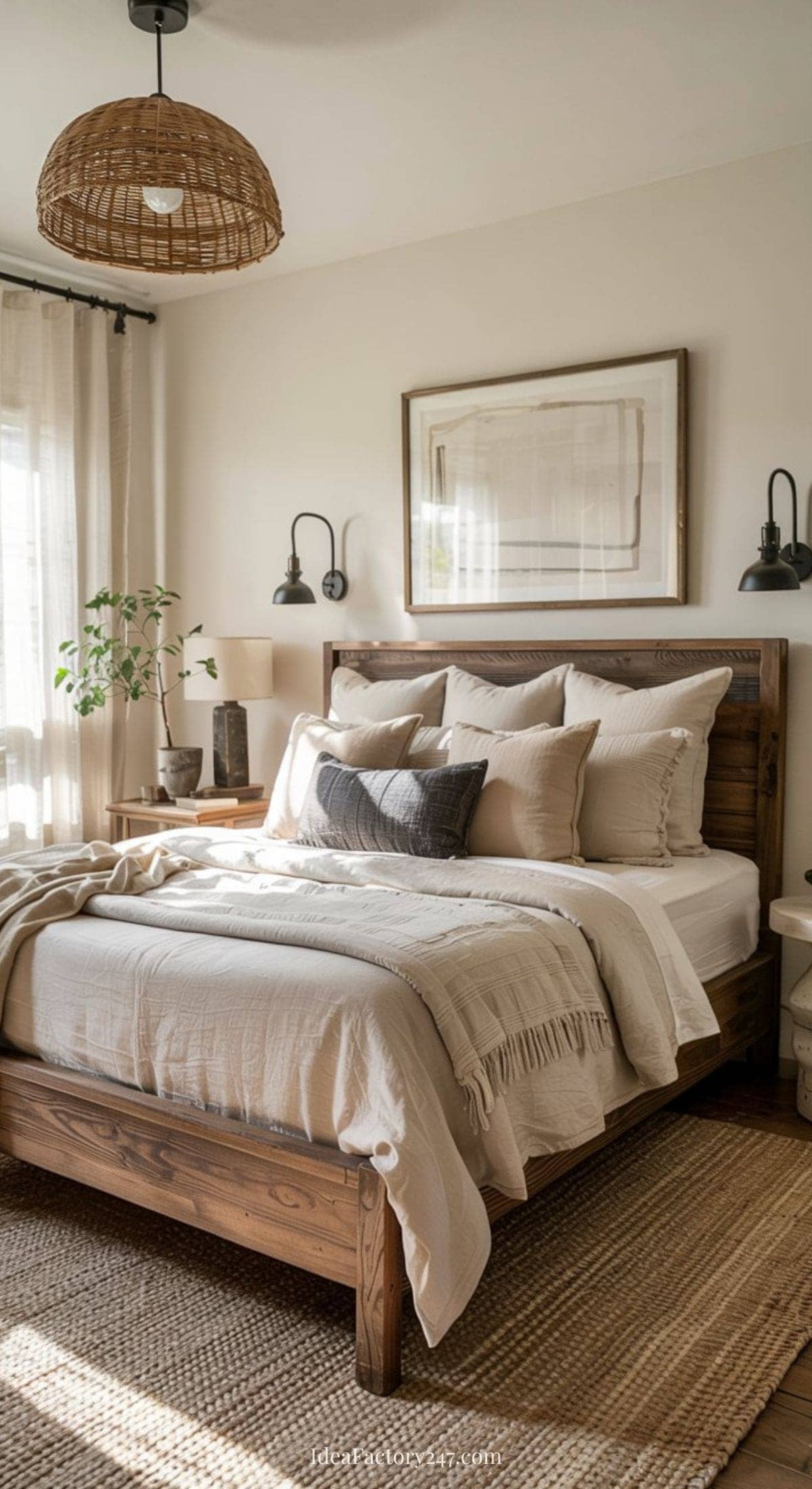 A cozy farmhouse bedroom with a wooden bed, beige and white bedding, throw pillows, a woven rug, potted plant, bedside tables with lamps, wall sconces, a framed picture, and natural light streaming through sheer curtains.