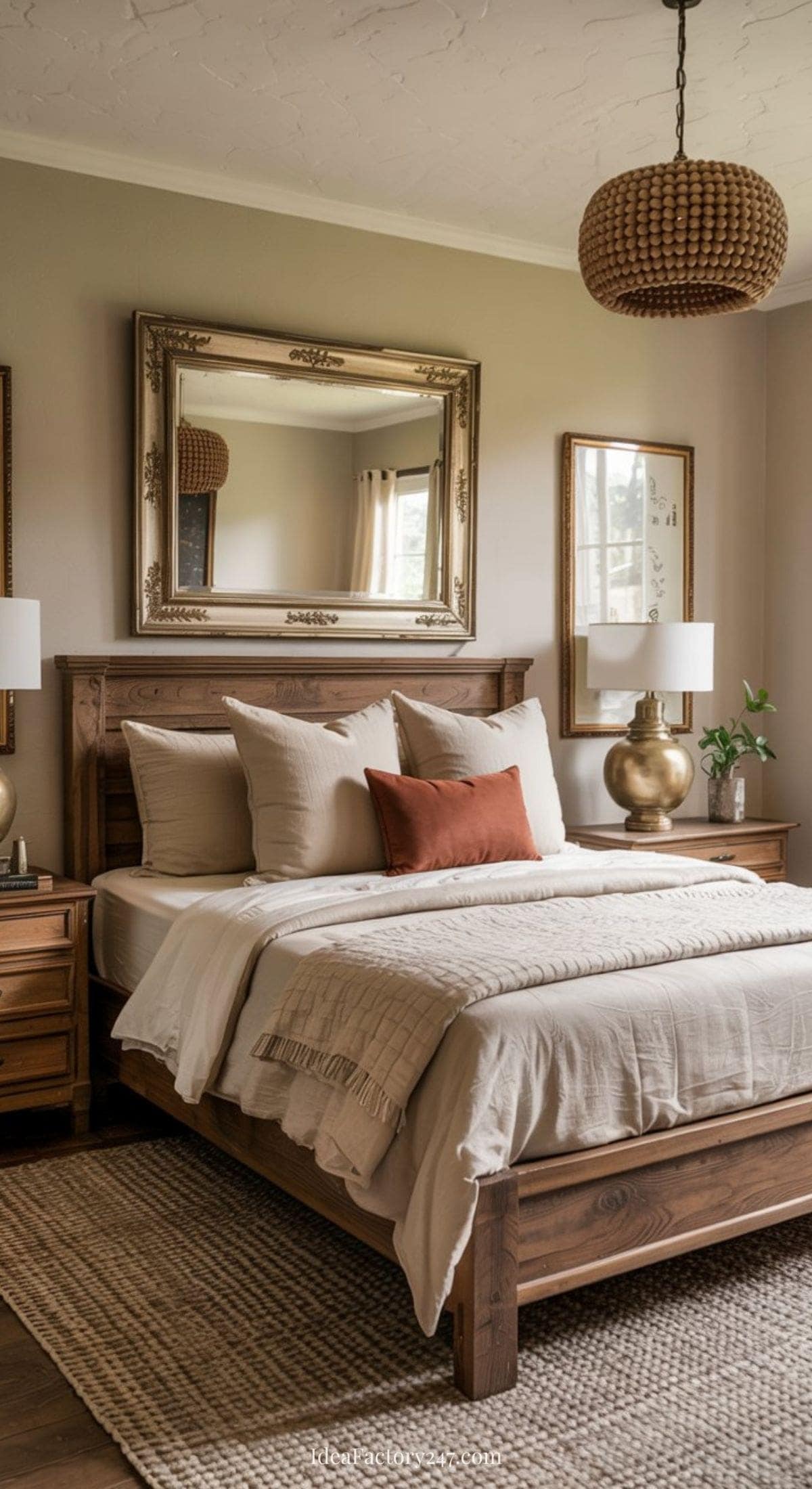 Cozy farmhouse bedroom with a wooden bed frame, neutral bedding, a rust-colored accent pillow, two bedside tables with gold lamps, a woven rug, and a large mirror above the bed. Warm, natural lighting fills the room.