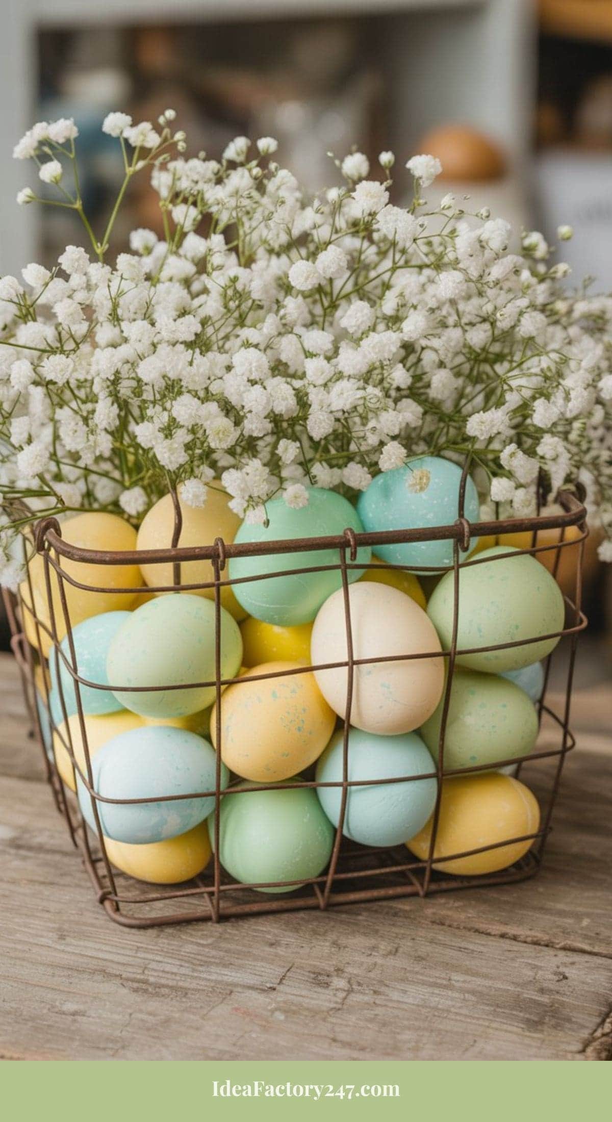 A wire basket filled with pastel-colored Easter eggs and white babys breath flowers sits on a wooden surface. The eggs are yellow, blue, and green. A green label at the bottom reads IdeaFactory247.com.