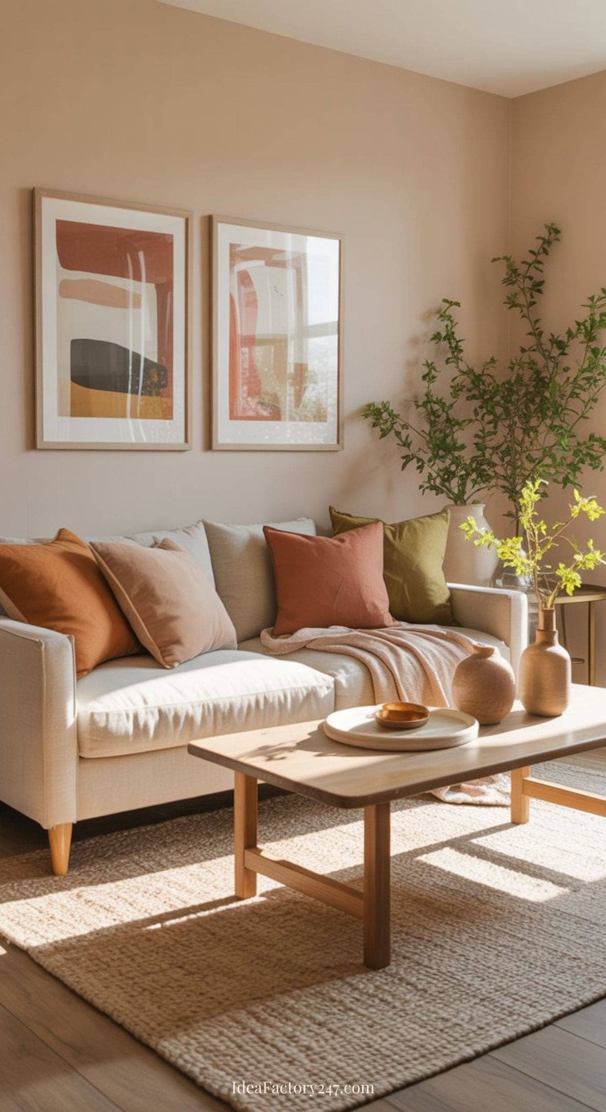 A cozy living room with a beige sofa, pastel cushions, a wooden coffee table with ceramic decor, a potted plant, and abstract art on the wall. Sunlight streams in through a window, creating a warm and inviting atmosphere.