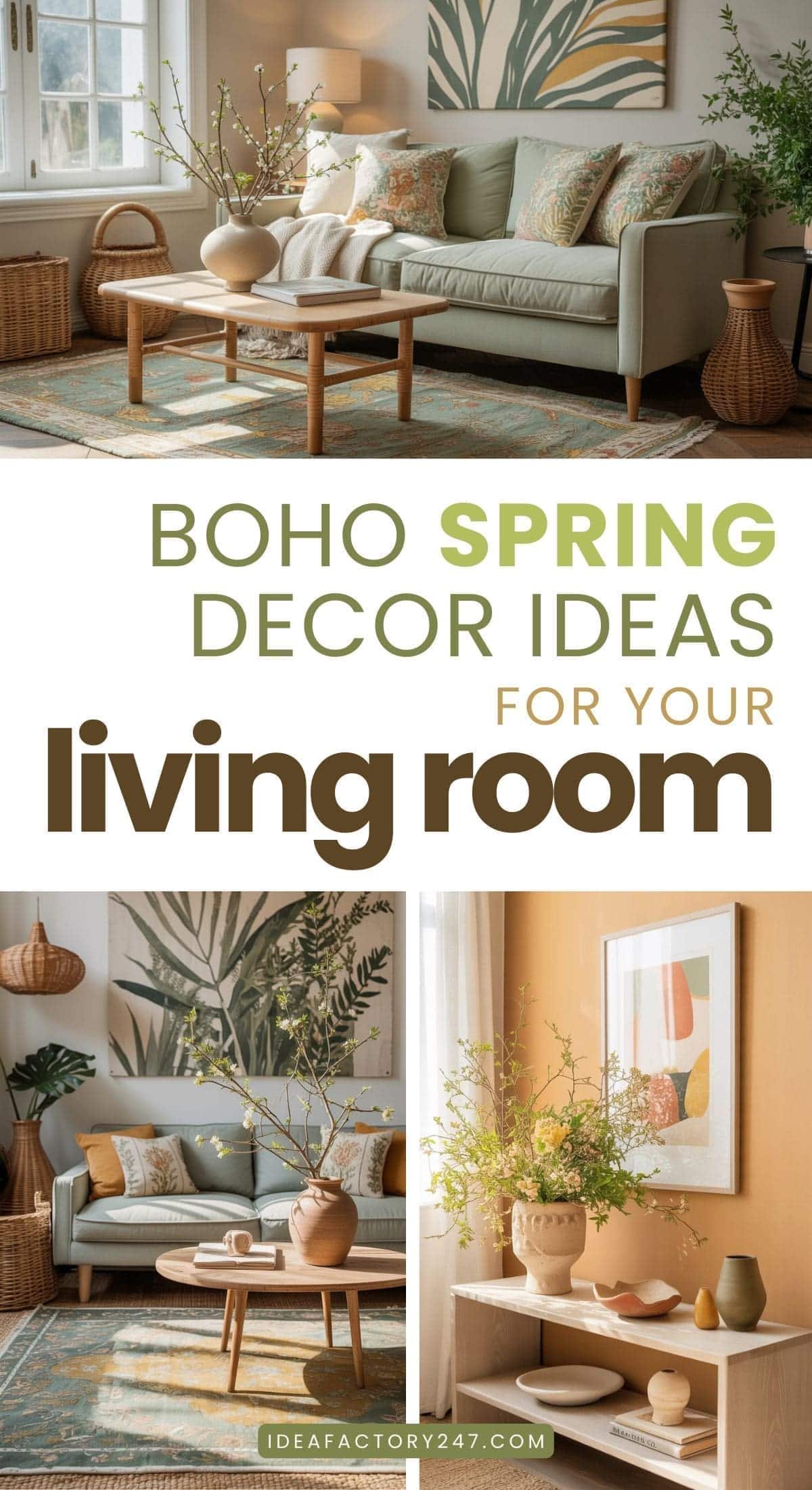 A collage shows cozy living rooms with boho spring decor, featuring neutral sofas, patterned pillows, rattan accents, houseplants, and art prints. Text reads: Boho Spring Decor Ideas for Your Living Room.