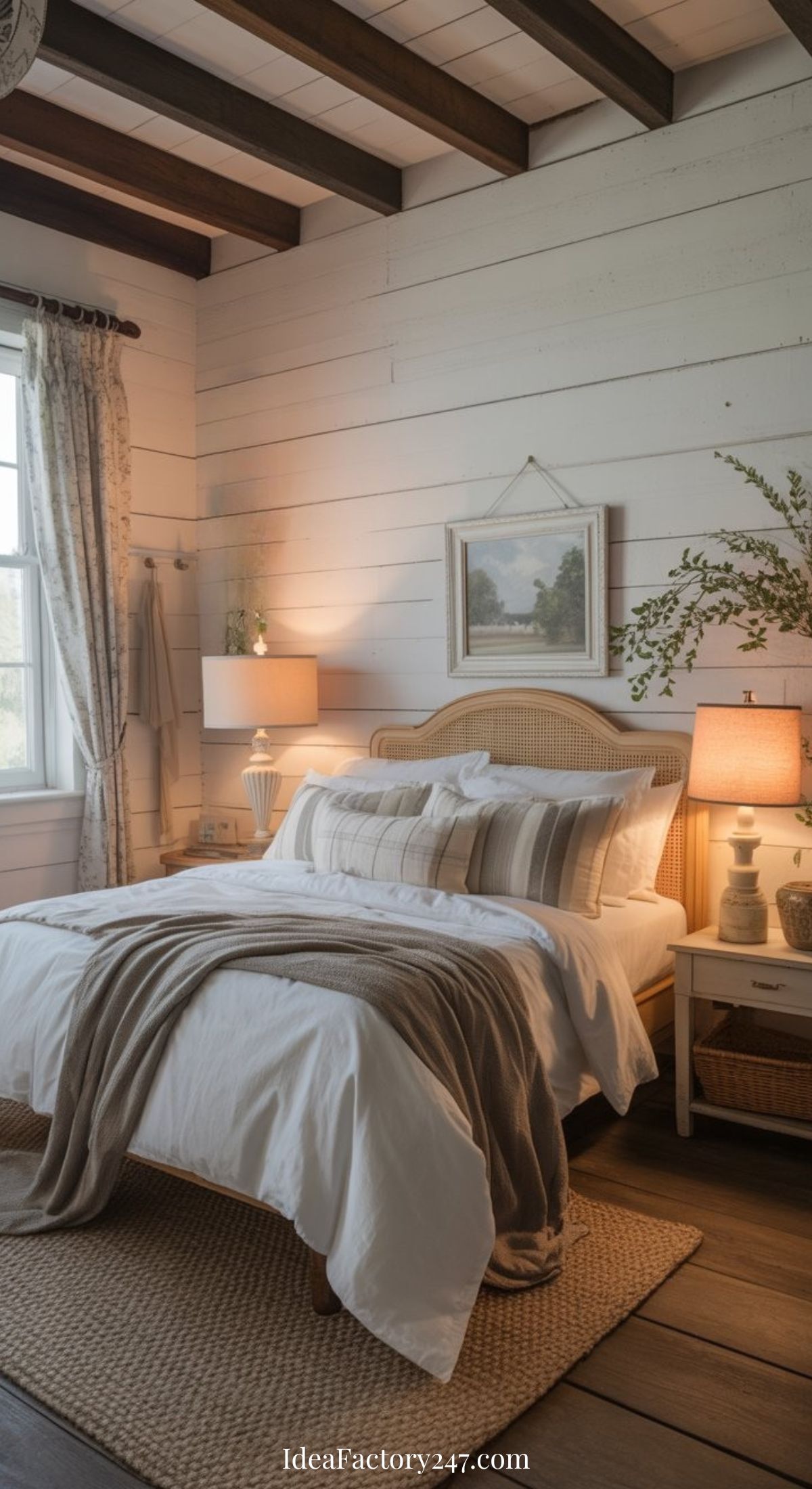 A cozy farmhouse bedroom with white shiplap walls, neutral bedding, striped pillows, two bedside tables with lamps, a woven rug, a window with curtains, and framed art above the bed creates an inviting retreat.