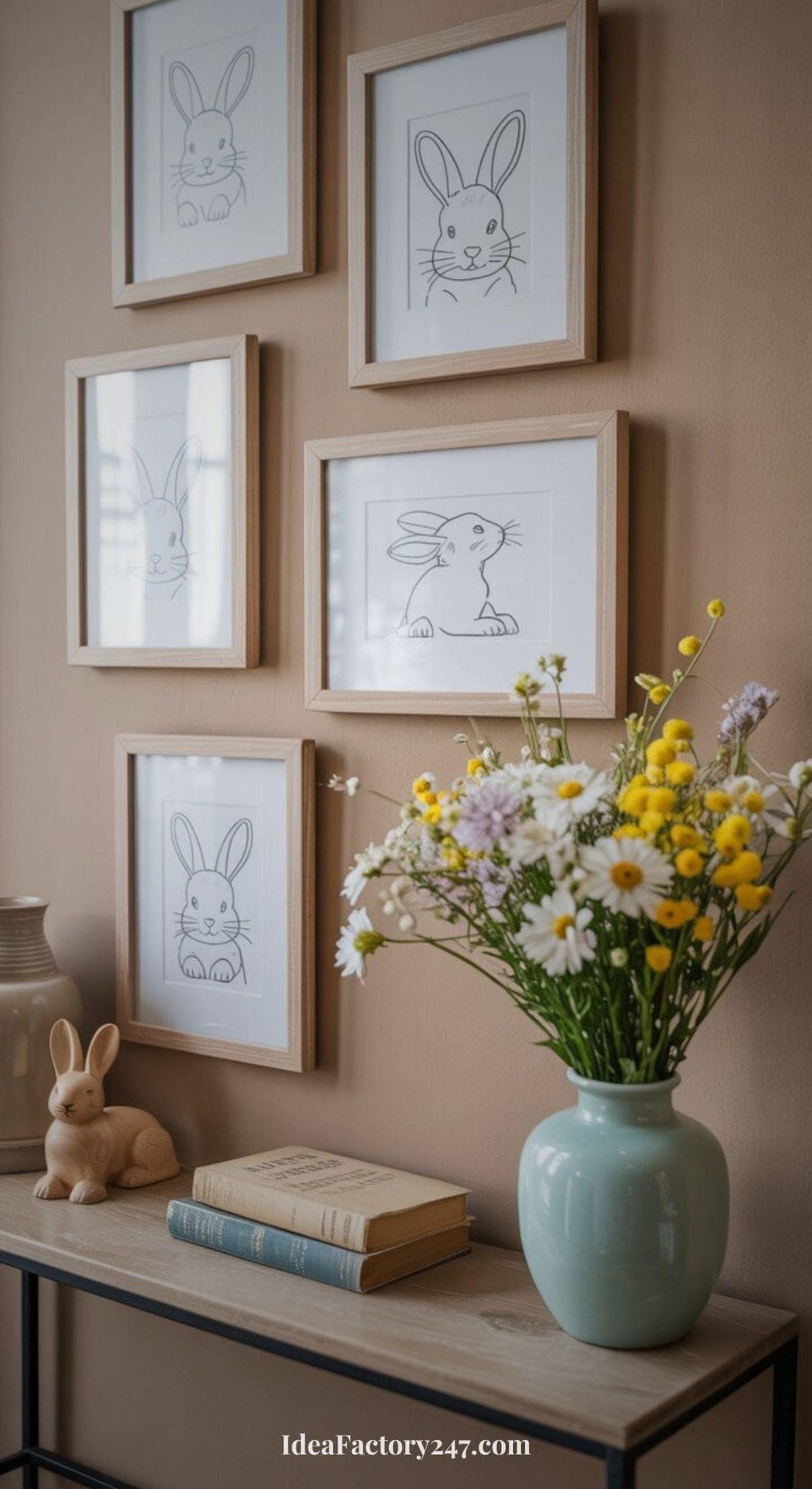 A vase of wildflowers, books, and a ceramic bunny sit on a table beneath five framed, minimalist bunny sketches hanging on a beige wall.