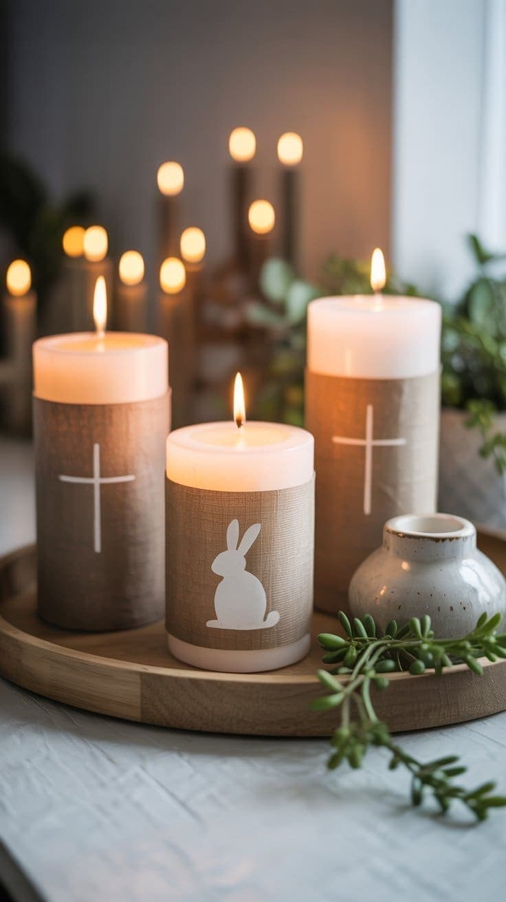 Three lit candles with Easter-themed designs, including a cross and a bunny silhouette, are arranged on a wooden tray with a small ceramic vase and green foliage on a table. More candles are softly glowing in the background.