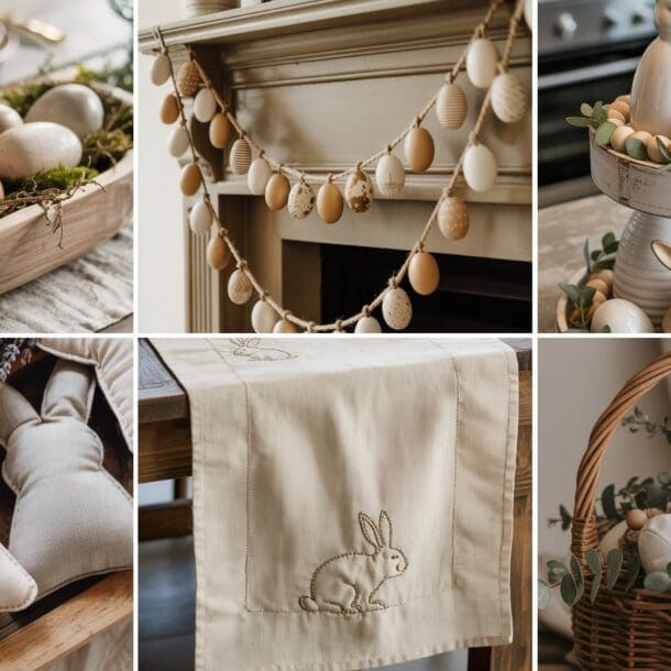 A collage of Easter-themed home decor and easter crafts: bowls and baskets of painted eggs, bunny figurines, egg garlands, fabric bunny ornaments, and a table runner with rabbit embroidery, all in neutral, earthy tones.