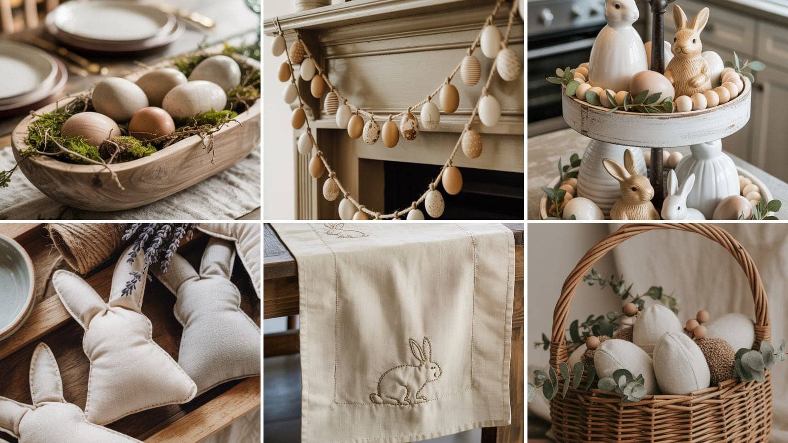 A collage of Easter-themed home decor and easter crafts: bowls and baskets of painted eggs, bunny figurines, egg garlands, fabric bunny ornaments, and a table runner with rabbit embroidery, all in neutral, earthy tones.