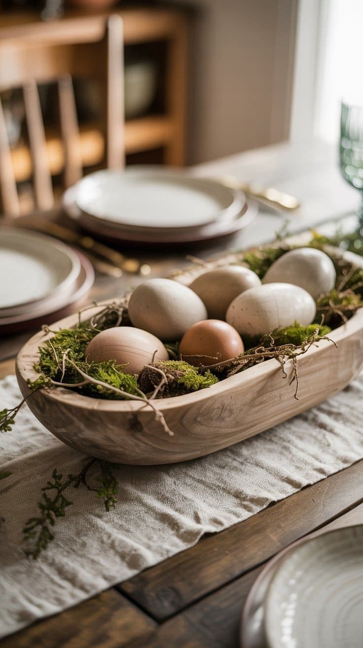 A wooden bowl filled with moss and various colored eggs sits on a rustic dining table, set with plates, cutlery, and glasses in a cozy, softly lit room.