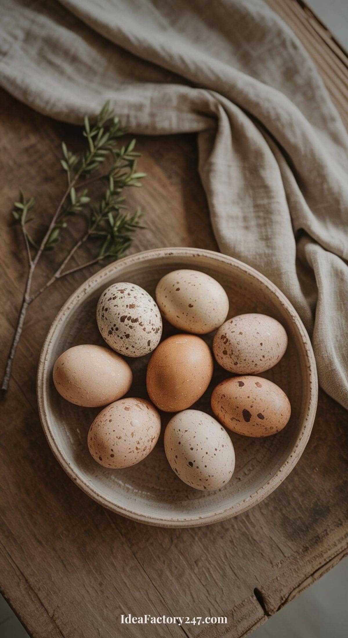 A ceramic bowl filled with eight brown and speckled eggs sits on a wooden table. A beige linen cloth and a small green branch are arranged nearby for decoration.