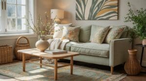 A cozy living room with a light green sofa, patterned pillows, a wooden coffee table with a vase of branches, a leafy rug, potted plants, and a large leafy artwork on the wall, bathed in natural light.
