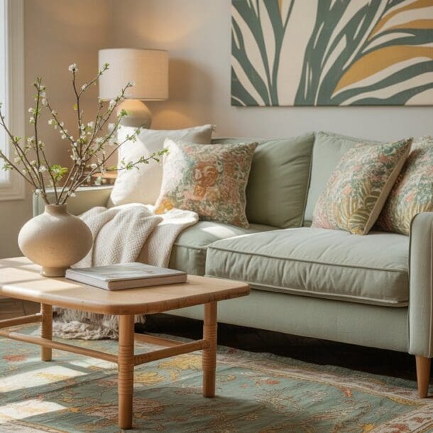 A cozy living room with a light green sofa, patterned pillows, a wooden coffee table with a vase of branches, a leafy rug, potted plants, and a large leafy artwork on the wall, bathed in natural light.