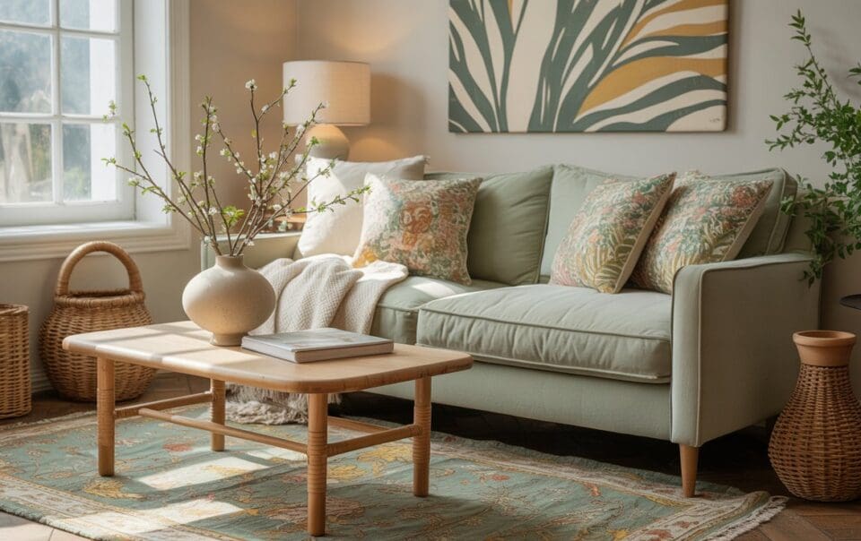 A cozy living room with a light green sofa, patterned pillows, a wooden coffee table with a vase of branches, a leafy rug, potted plants, and a large leafy artwork on the wall, bathed in natural light.