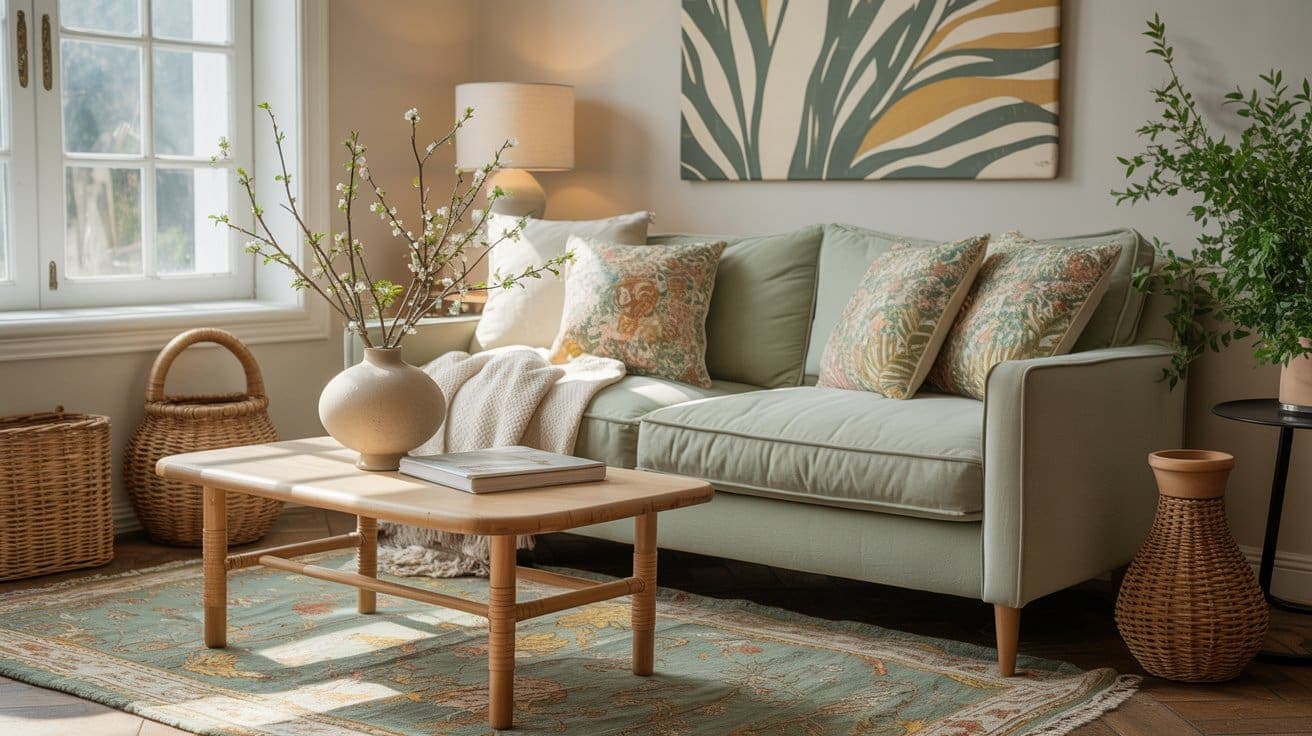 A cozy living room with a light green sofa, patterned pillows, a wooden coffee table with a vase of branches, a leafy rug, potted plants, and a large leafy artwork on the wall, bathed in natural light.