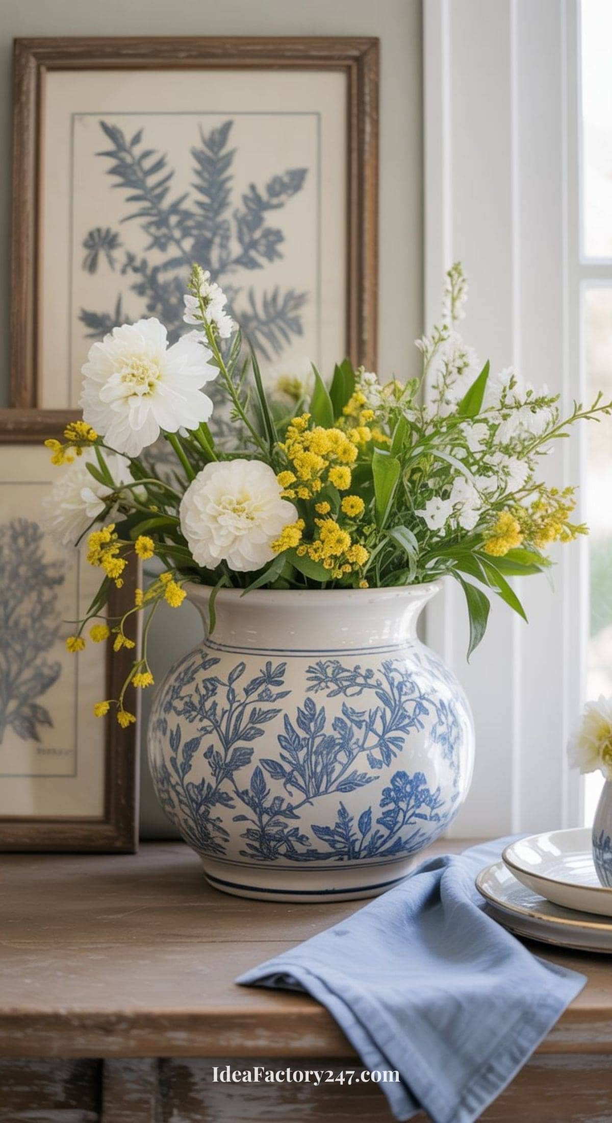 A blue and white floral vase filled with white and yellow flowers sits on a wooden table, next to a blue napkin and plates. Botanical prints in wooden frames are displayed in the background.