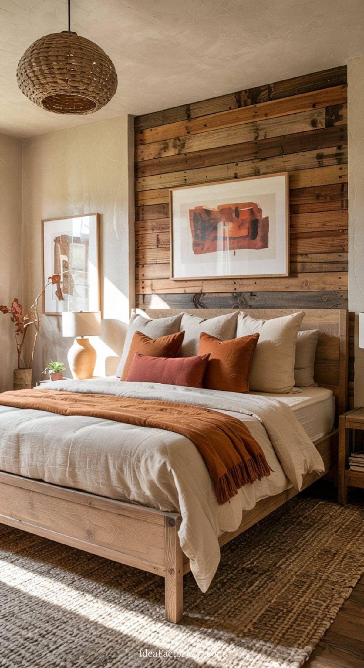 A cozy farmhouse bedroom with a wooden bed, white and rust-colored bedding, a woven rug, wood accent wall, large abstract art piece, and natural light from a window. A rattan pendant lamp hangs above for added warmth.
