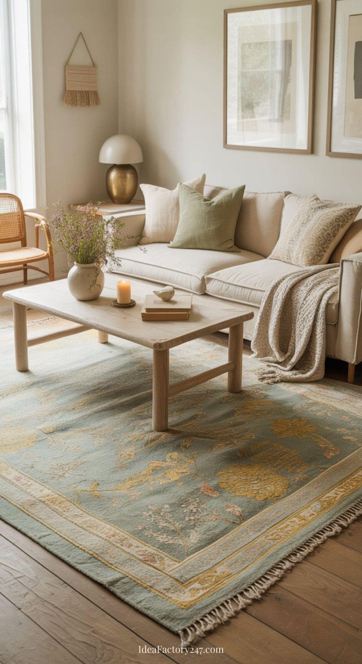 A cozy living room with a light sofa, green and beige pillows, a knit throw, a wooden coffee table with flowers and candles, a patterned rug, wicker chair, wall art, and soft natural light from a large window.