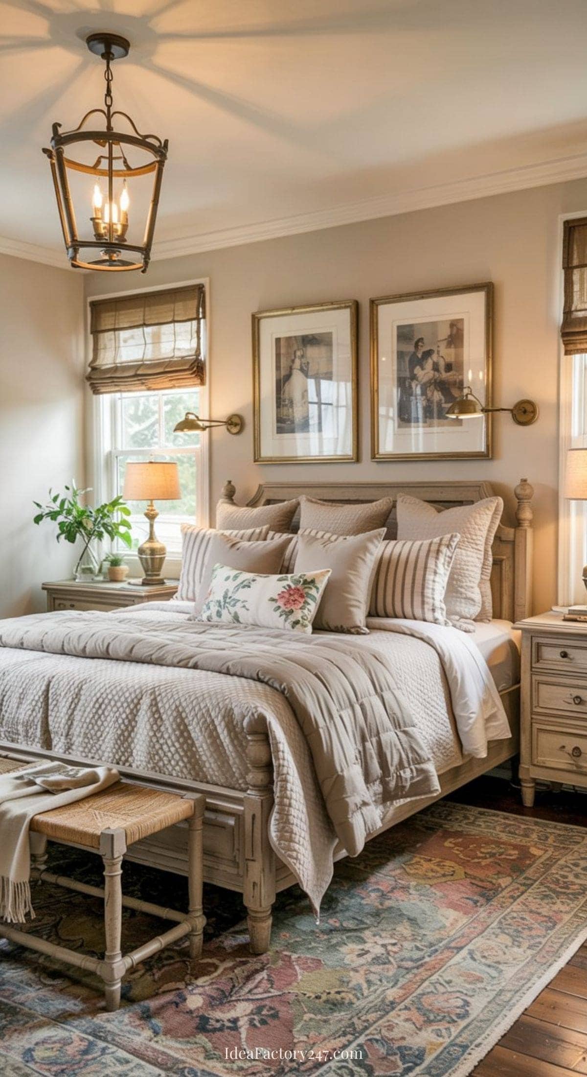 Cozy farmhouse bedroom with a beige and cream color scheme, a neatly made bed with patterned pillows and quilt, wooden nightstands, lamps, framed art above the headboard, and a colorful rug on the hardwood floor.