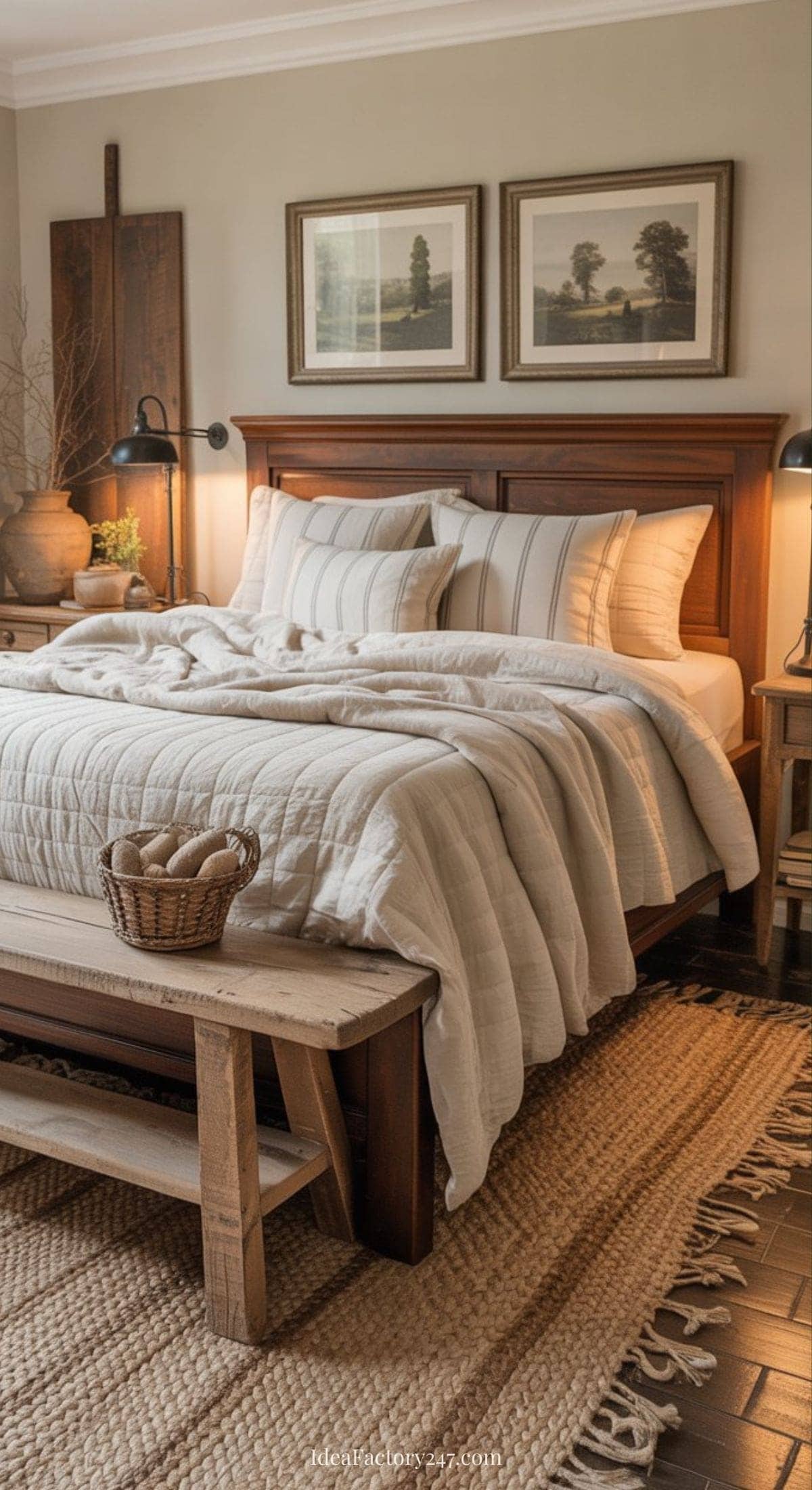 Cozy bedroom with a wooden bed frame, neutral bedding, striped pillows, two framed landscape paintings above the bed, a wooden bench with a basket at the foot, and a textured jute rug on a dark herringbone floor.