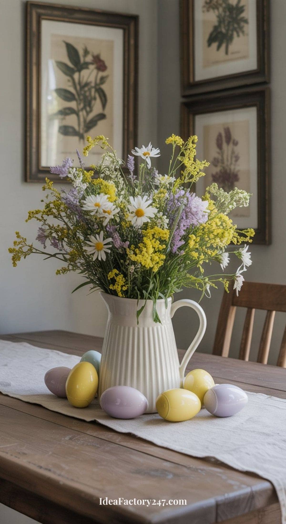 A white ceramic pitcher holds a bouquet of wildflowers, including daisies and yellow blooms, on a wooden table. Pastel-colored eggs are arranged around the pitcher. Botanical prints hang on the wall in the background.