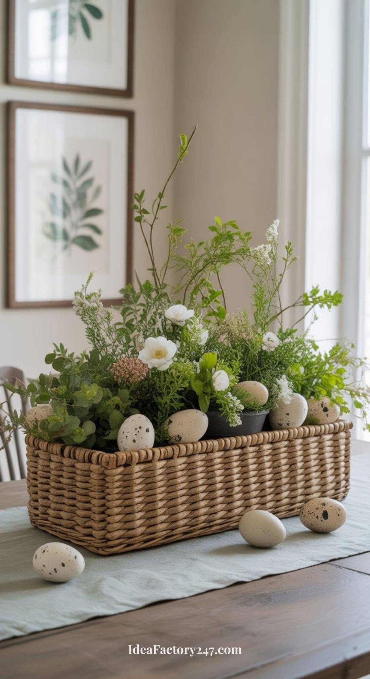 A wicker basket filled with green foliage, white flowers, and decorative speckled eggs sits on a table in a bright room with botanical prints on the wall.