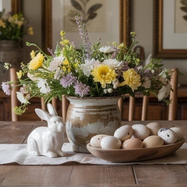 A rustic wooden table decorated with a ceramic bunny, a bowl of assorted eggs, and a vase of colorful spring flowers, with framed botanical art and wooden furniture in the background.