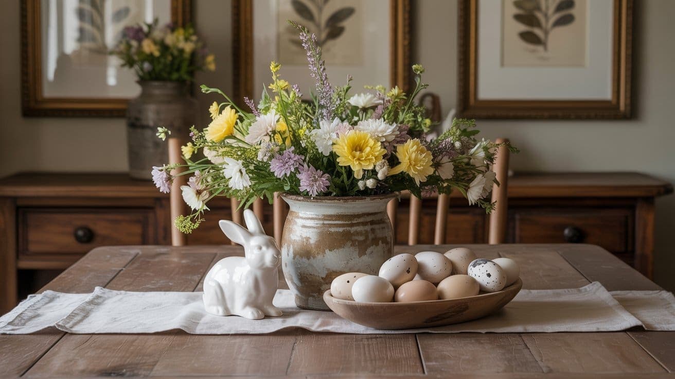 A rustic wooden table decorated with a ceramic bunny, a bowl of assorted eggs, and a vase of colorful spring flowers, with framed botanical art and wooden furniture in the background.