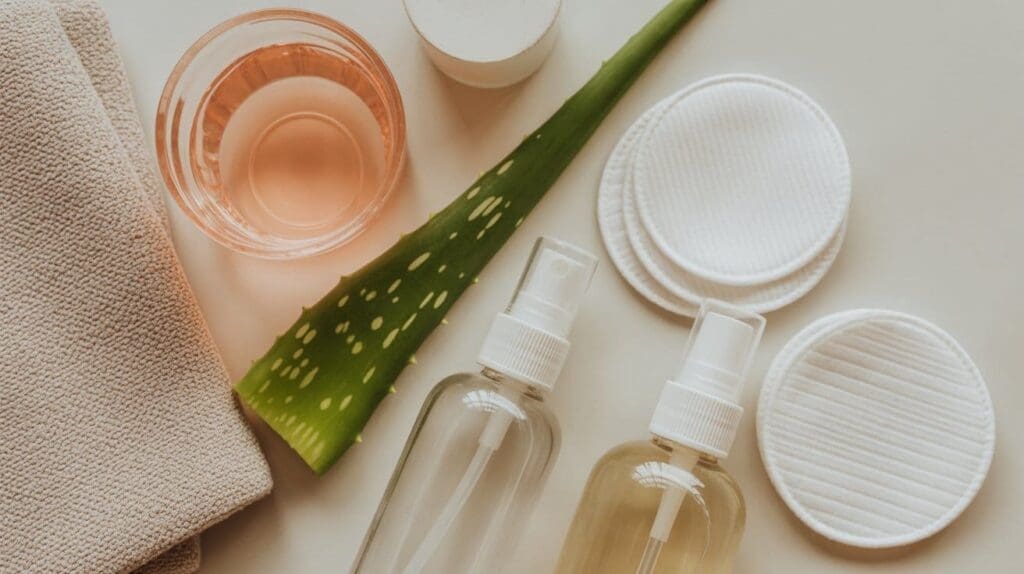 Flat lay of skincare items: two spray bottles, a face toner with pink liquid in a glass, a green aloe vera leaf, a stack of cotton pads, a small white jar, and a beige towel on a light background.