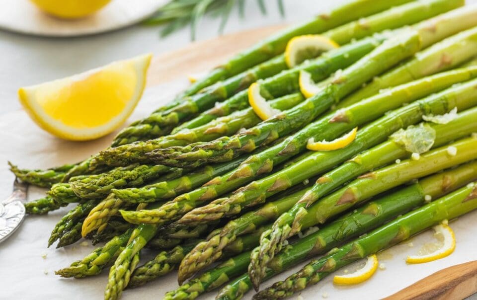 A bunch of cooked asparagus spears garnished with lemon slices and coarse salt, arranged on a parchment-lined wooden board with a lemon wedge nearby.
