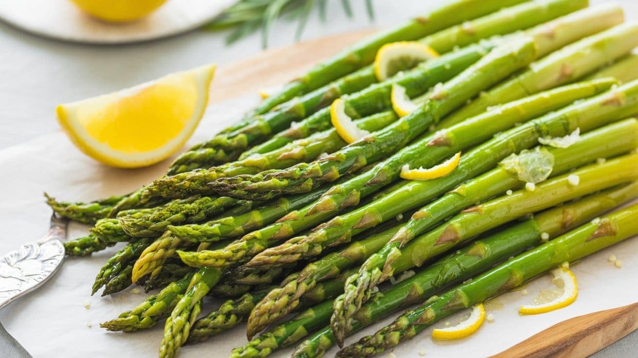 A bunch of cooked asparagus spears garnished with lemon slices and coarse salt, arranged on a parchment-lined wooden board with a lemon wedge nearby.