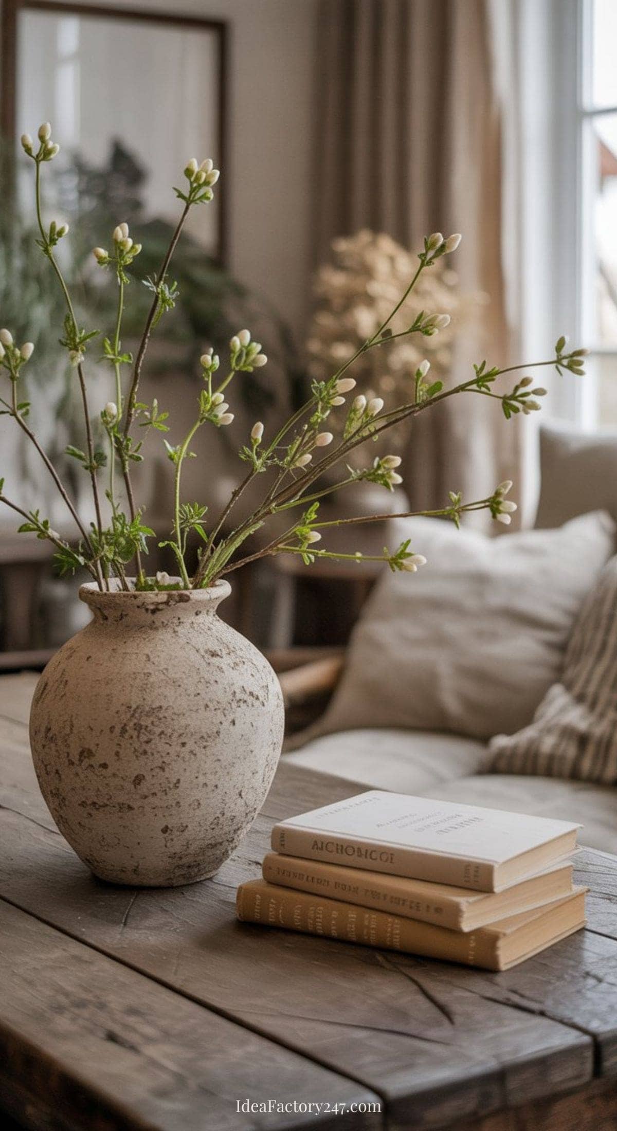 A rustic ceramic vase with budding branches sits on a wooden coffee table beside three stacked books in a cozy living room with a beige sofa and soft natural light.