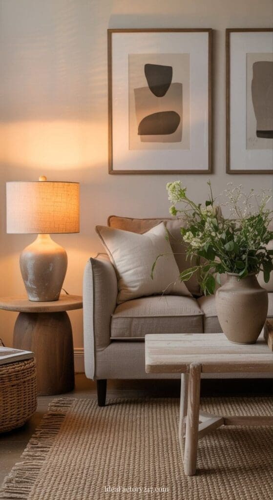 A cozy living room with a beige sofa, neutral pillows, and a wooden coffee table holding a vase of green foliage. A side table with a lamp, abstract wall art, and a woven rug complete the warm, minimalist decor.