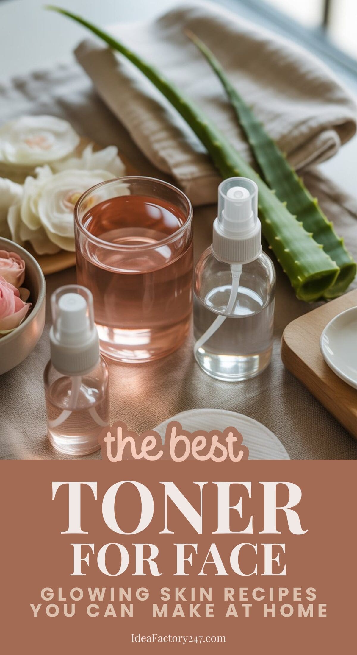 A glass of rose-colored toner, spray bottles, an aloe vera leaf, and pink flowers are arranged on a table with towels. Text reads: The best toner for face: Glowing skin recipes you can make at home.