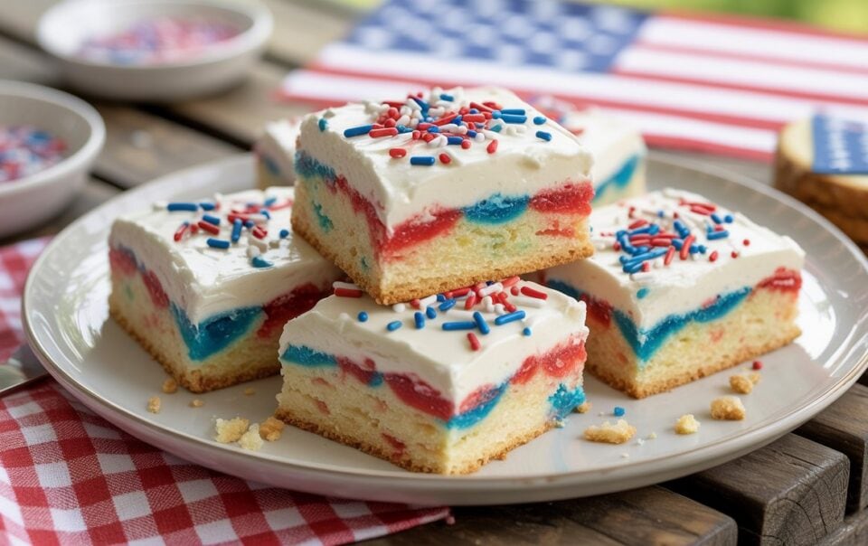 Four square layered cake bars with white frosting and red, white, and blue sprinkles on a plate, with an American flag and a red-checkered napkin in the background.