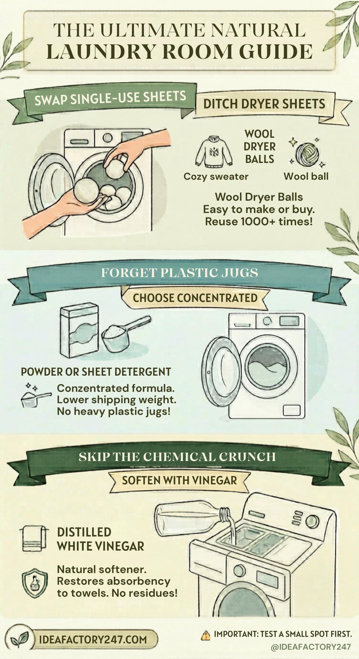 An illustrated guide for a natural laundry room: use wool dryer balls instead of dryer sheets, choose concentrated powder or sheet detergent over plastic jugs, and soften with distilled white vinegar instead of chemicals.