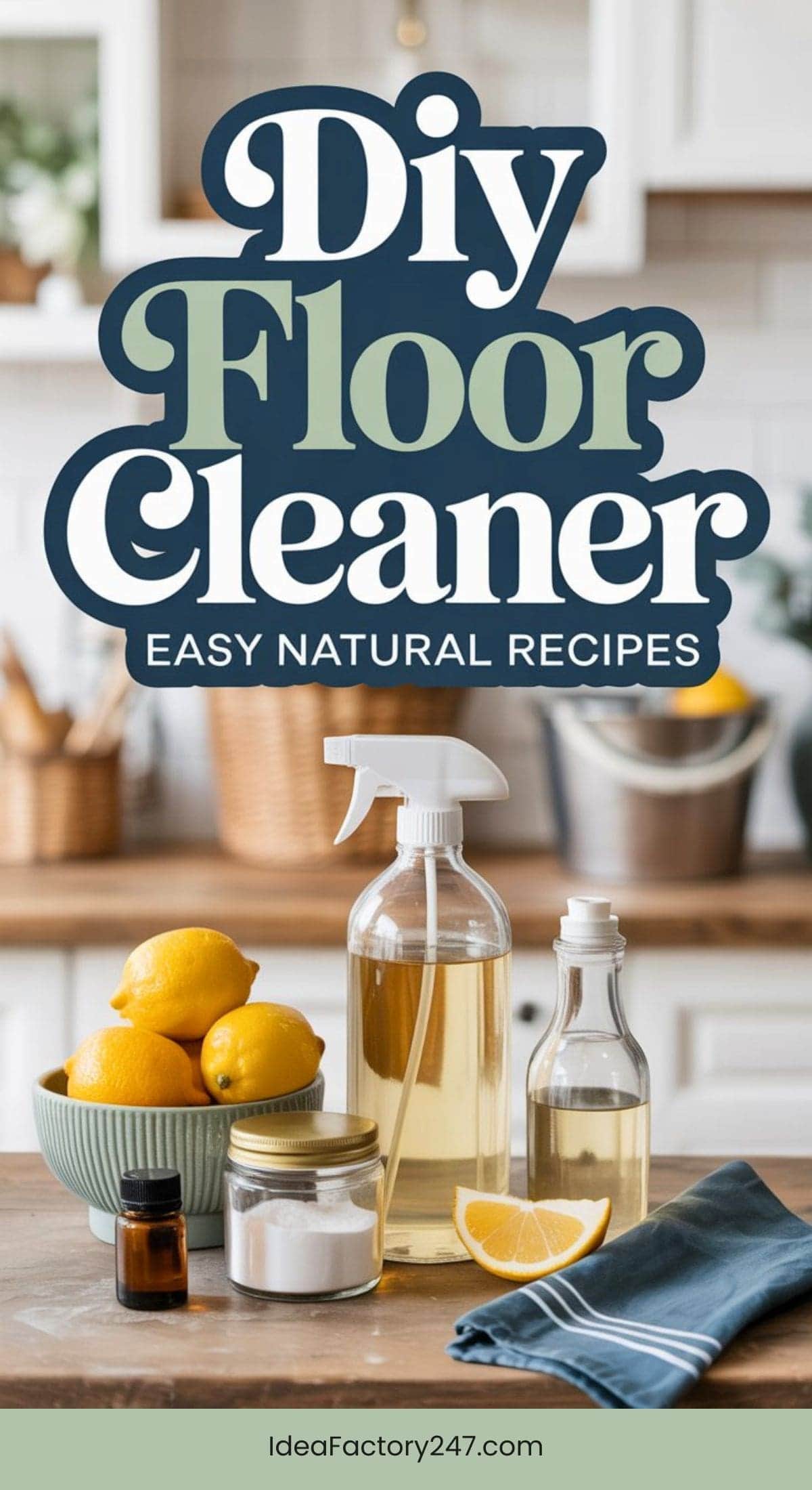 A kitchen counter displays bottles of homemade cleaner, essential oils, lemons, and a lemon wedge. Overlaid text reads DIY Floor Cleaner - Easy Natural Recipes.