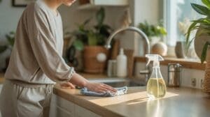 A person wipes a kitchen counter with a cloth near a sink, using a spray bottle filled to clean with vinegar. Bright natural light streams in, and potted plants sit in the background.