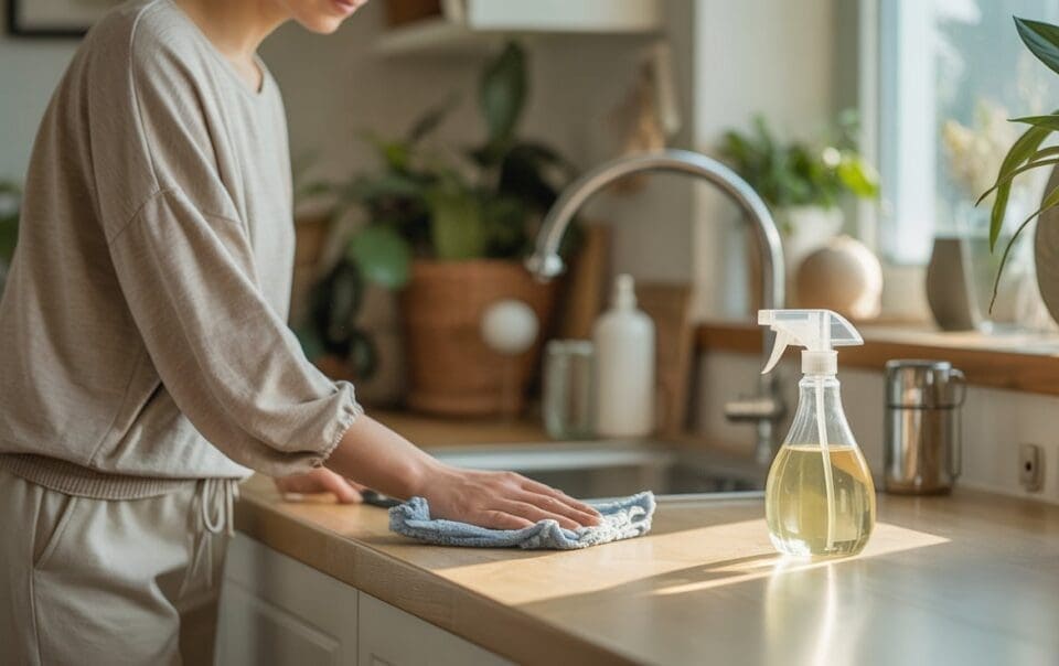 A person wipes a kitchen counter with a cloth near a sink, using a spray bottle filled to clean with vinegar. Bright natural light streams in, and potted plants sit in the background.