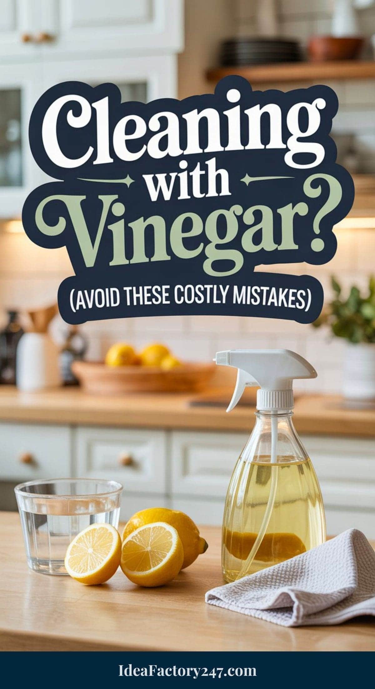 A spray bottle of vinegar, halved lemons, a glass bowl, and a cloth on a kitchen counter; text reads “Cleaning with Vinegar? (Avoid These Costly Mistakes)” with a kitchen background.