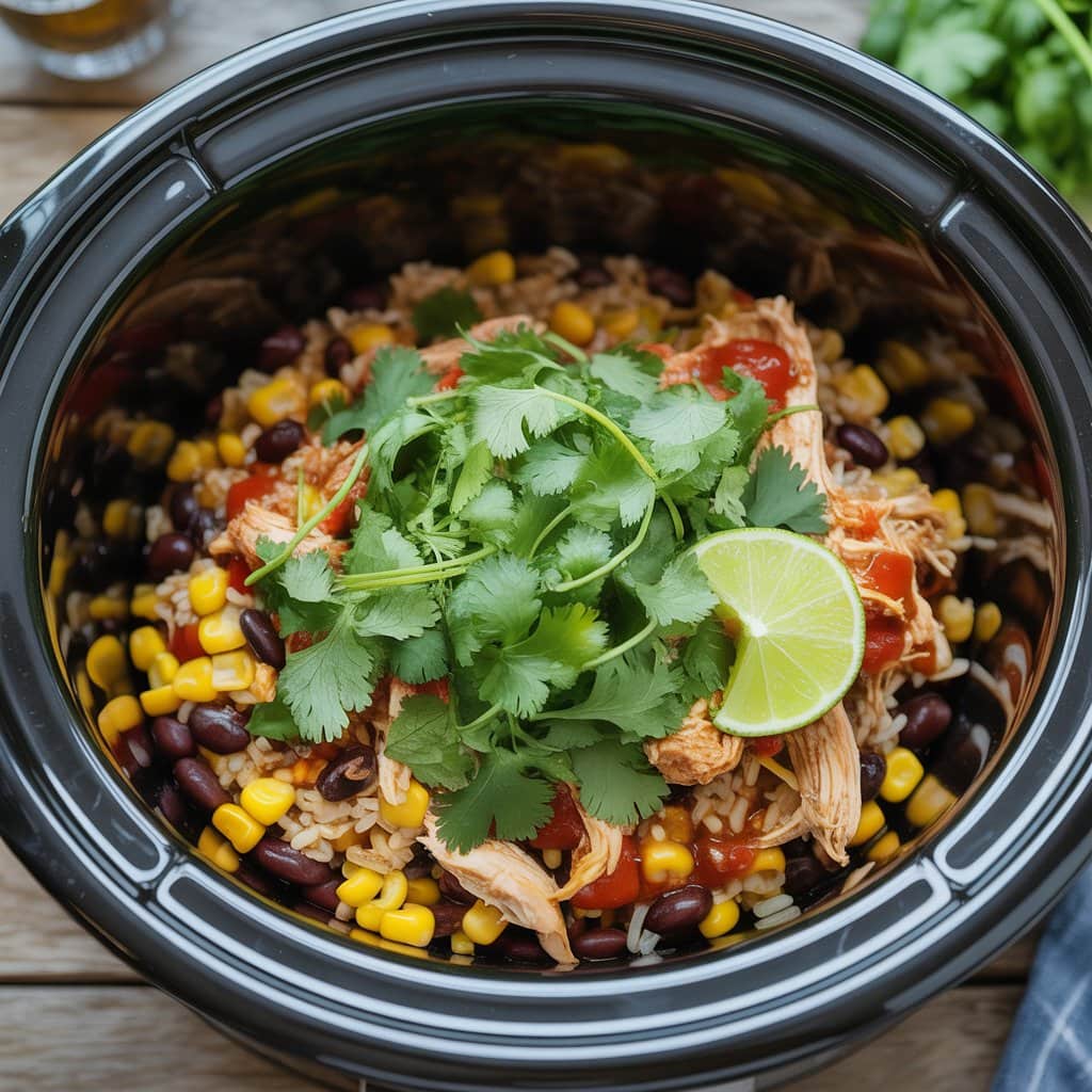 A slow cooker filled with shredded chicken, black beans, corn, rice, salsa, fresh cilantro, and a lime wedge, ready to be cooked.