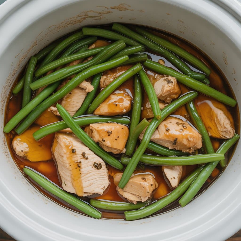 Raw chicken pieces and fresh green beans in a slow cooker, covered in a brown marinade or sauce, ready to be cooked.