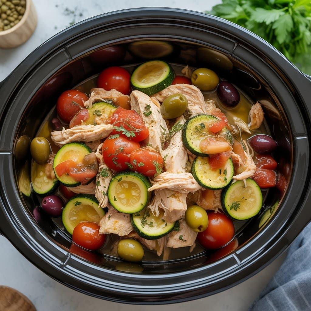 A slow cooker filled with shredded chicken, sliced zucchini, cherry tomatoes, green and black olives, and fresh herbs, with parsley and spices visible in the background.