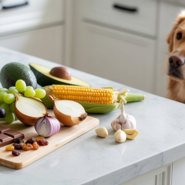 A dog looks at a kitchen counter with chocolate, onions, grapes, avocado, corn, garlic, raisins, and a glass of red wine—foods that are unsafe for dogs.