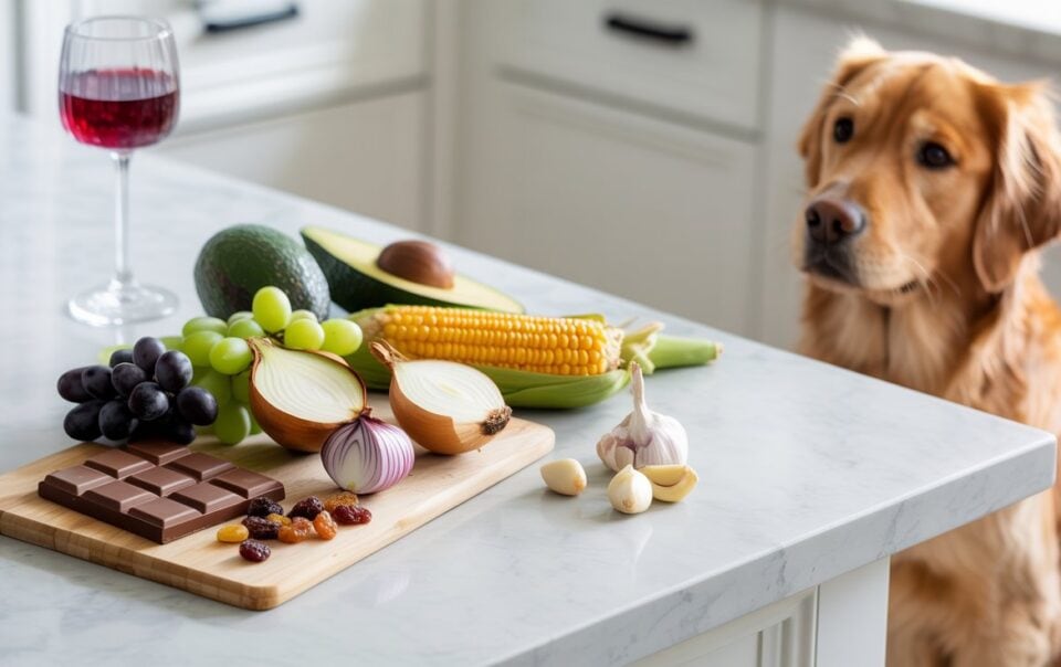 A dog looks at a kitchen counter with chocolate, onions, grapes, avocado, corn, garlic, raisins, and a glass of red wine—foods that are unsafe for dogs.