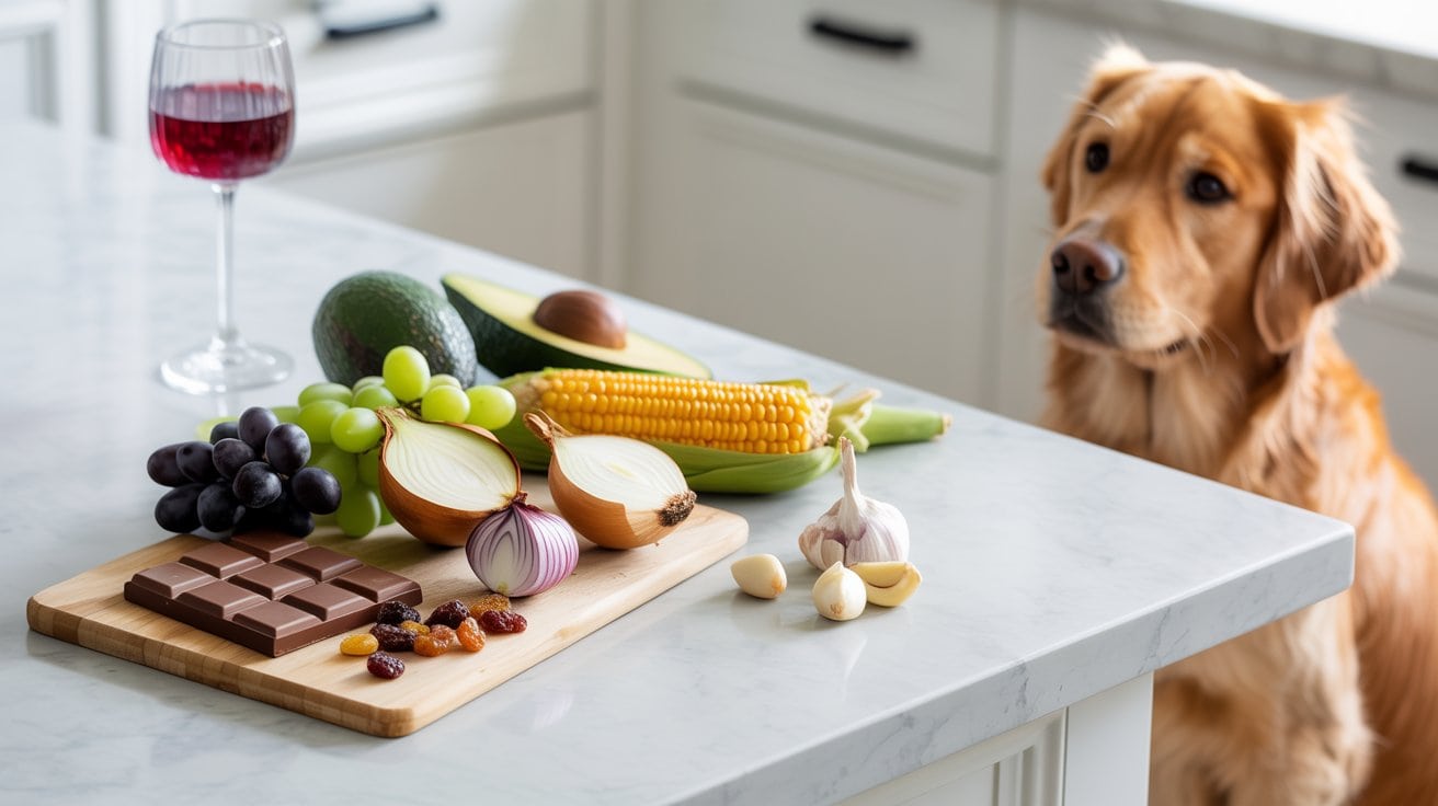 A dog looks at a kitchen counter with chocolate, onions, grapes, avocado, corn, garlic, raisins, and a glass of red wine—foods that are unsafe for dogs.