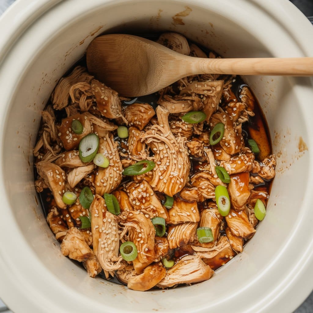 Shredded cooked chicken in a slow cooker with a dark sauce, topped with sesame seeds and sliced green onions, with a wooden spoon resting on the side.