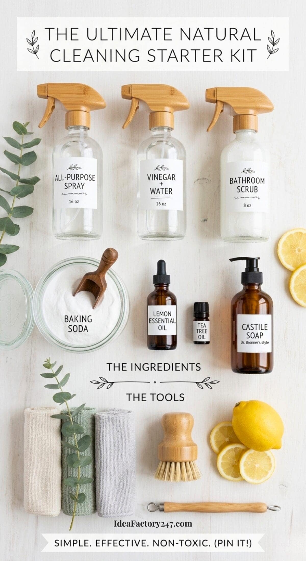 Flat lay of a natural cleaning starter kit with labeled spray bottles, jars of baking soda and castile soap, essential oils, lemons, cleaning cloths, and brushes on a white surface. Text labels ingredients and tools.