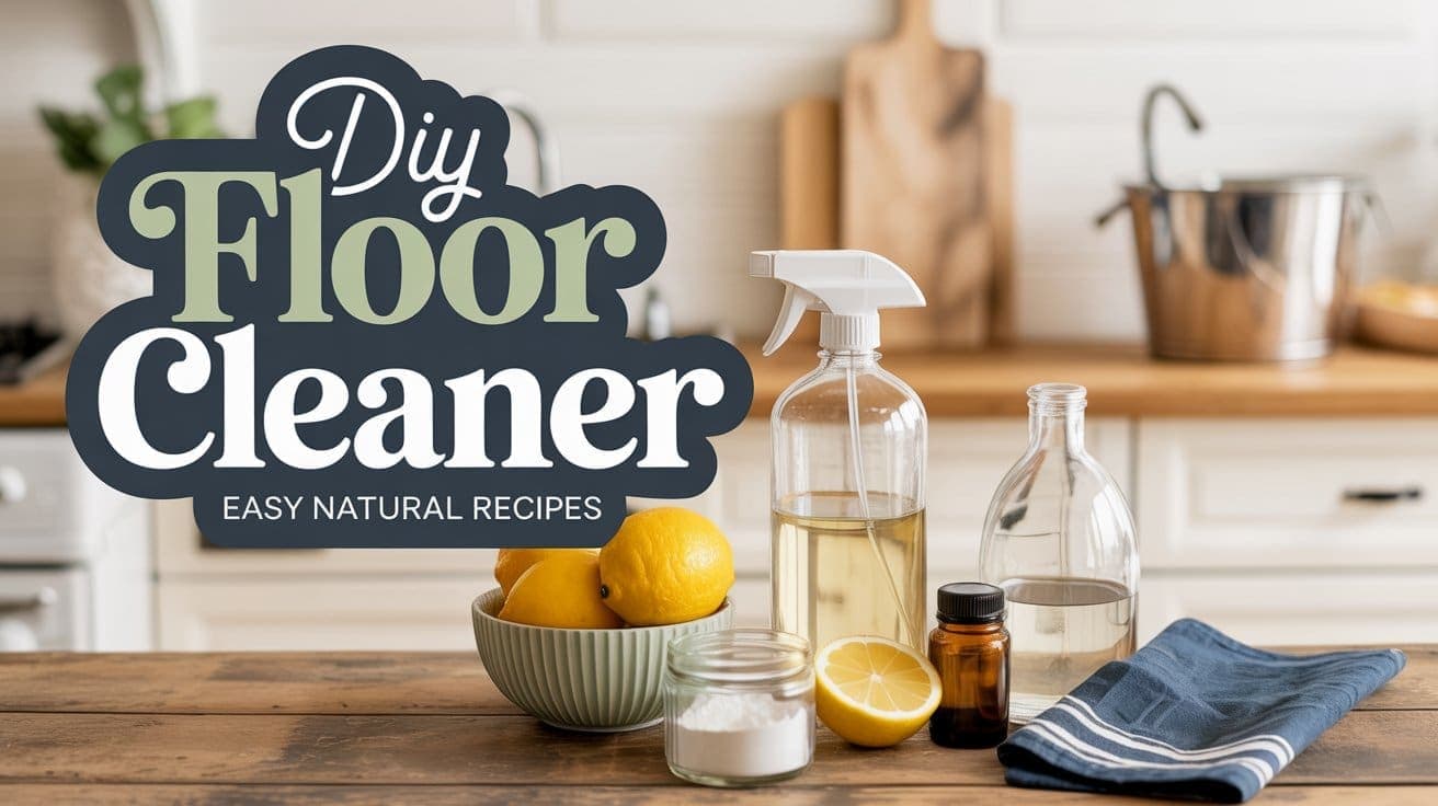 A kitchen countertop with lemons, a spray bottle, glass jars, a small amber bottle, and a blue cloth. Text overlay reads: DIY Floor Cleaner Easy Natural Recipes. Kitchenware and cutting board visible in the background.