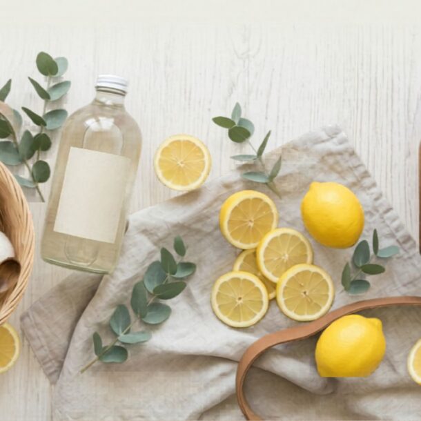 A flat lay of lemons, lemon slices, a glass bottle, a brown jar, white towels, eucalyptus branches, and a basket of white dryer balls with a wooden spoon on a light wooden surface.