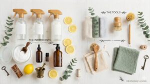 A flat lay of natural cleaning supplies: glass spray bottles, lemon halves, baking soda, essential oils, a lemon, eucalyptus leaves, and various brushes, cloths, and a soap dish—highlighting ingredients and tools for natural cleaning.