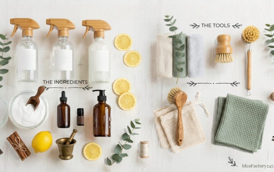 A flat lay of natural cleaning supplies: glass spray bottles, lemon halves, baking soda, essential oils, a lemon, eucalyptus leaves, and various brushes, cloths, and a soap dish—highlighting ingredients and tools for natural cleaning.