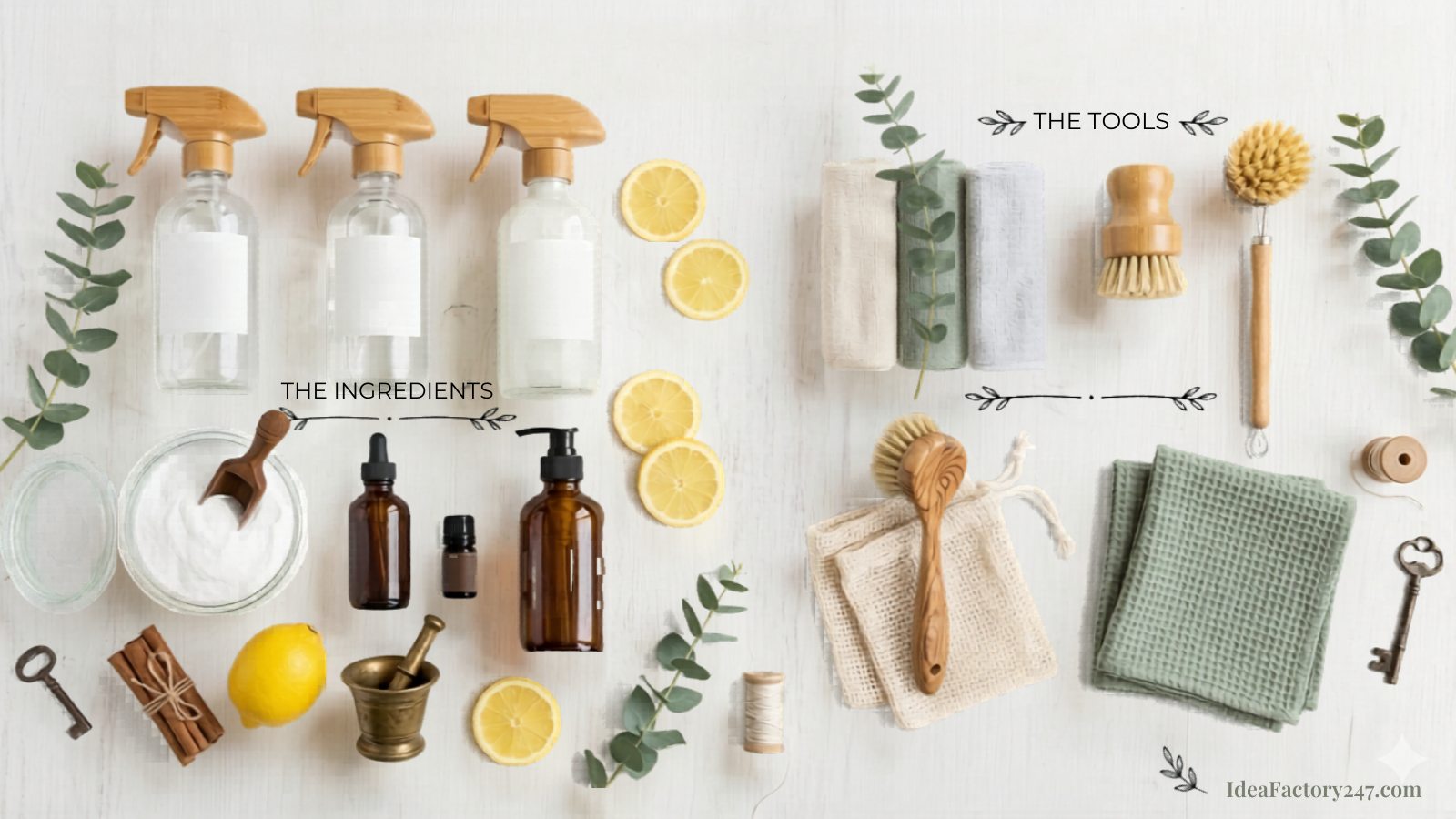 A flat lay of natural cleaning supplies: glass spray bottles, lemon halves, baking soda, essential oils, a lemon, eucalyptus leaves, and various brushes, cloths, and a soap dish—highlighting ingredients and tools for natural cleaning.